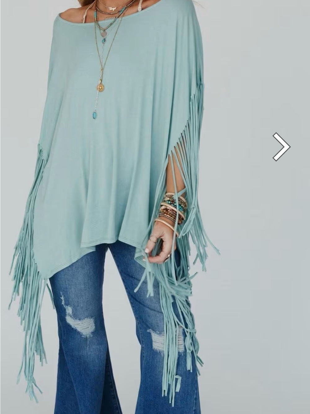 Three Bird Nest Fringe Off-Shoulder Top in Light Aqua